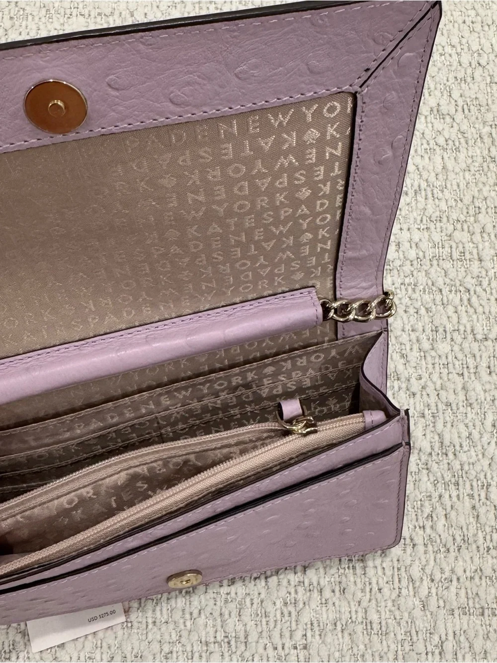 NWT Kate Spade Womens Purple Leather Crossbody Ostrich Embossed Wallet Handbag